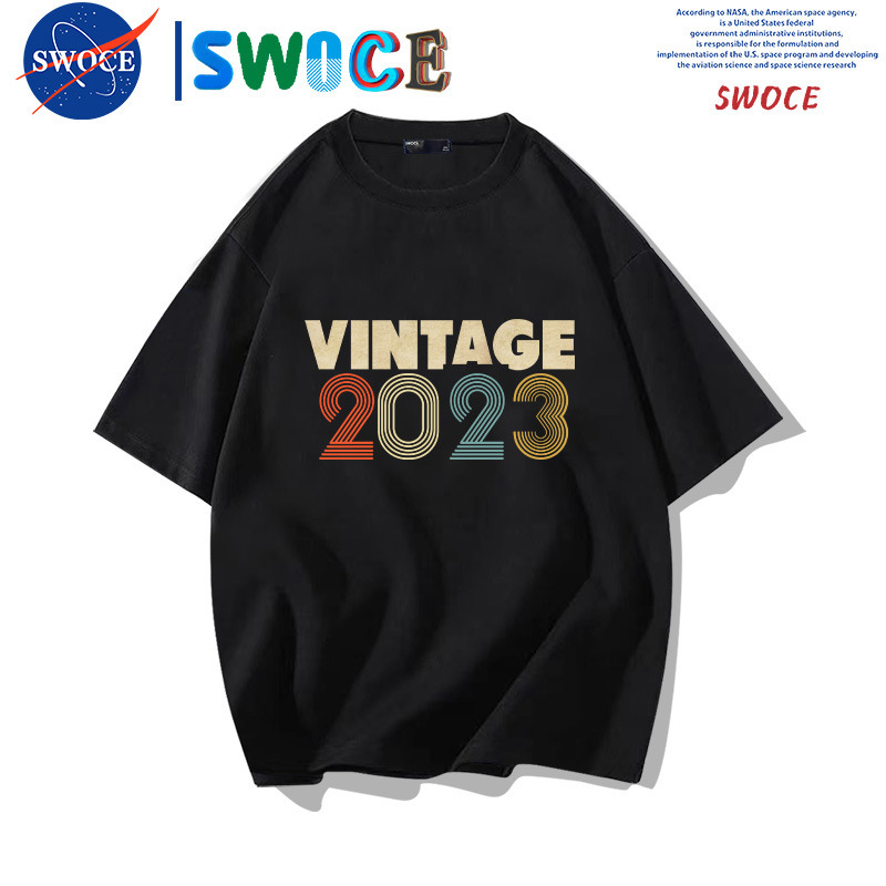 Exclusive vintage printed cotton short-sleeved T-shirt men's and women's summer youth fashion brand loose off-shoulder half-sleeve top