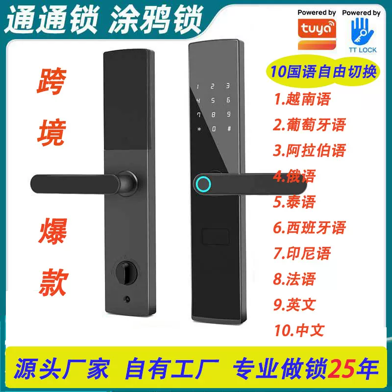 多国语言密码指纹锁公寓锁通通锁跨境外贸锁涂鸦智能指纹防盗门锁