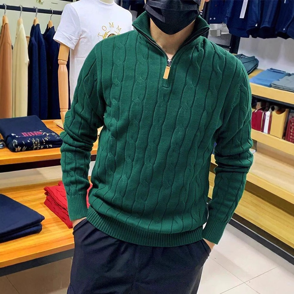 24冬季经典轻奢商务长袖套头半拉链高级绞花休闲纯色男士毛衣潮