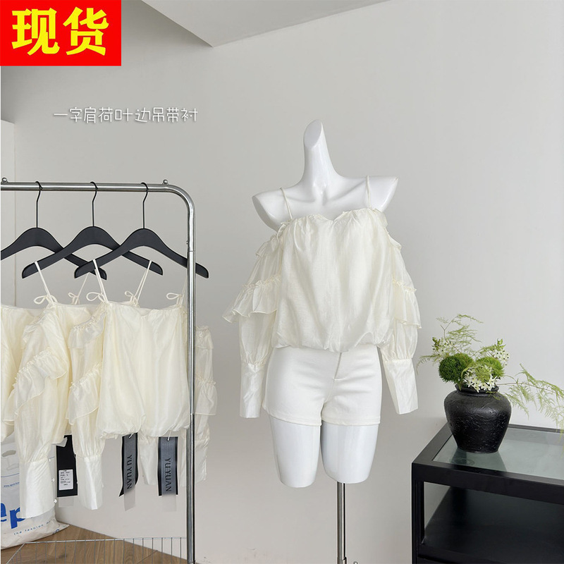 Xu Lu's Same Style White One-Shoulder Ruffled Suspender Shirt for Women, French High-End, Sweet and Age-Reducing Super Fairy Top