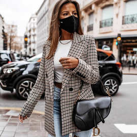 外贸欧美女装20231秋冬季新款外套纽扣格纹印花小西装女中长外套