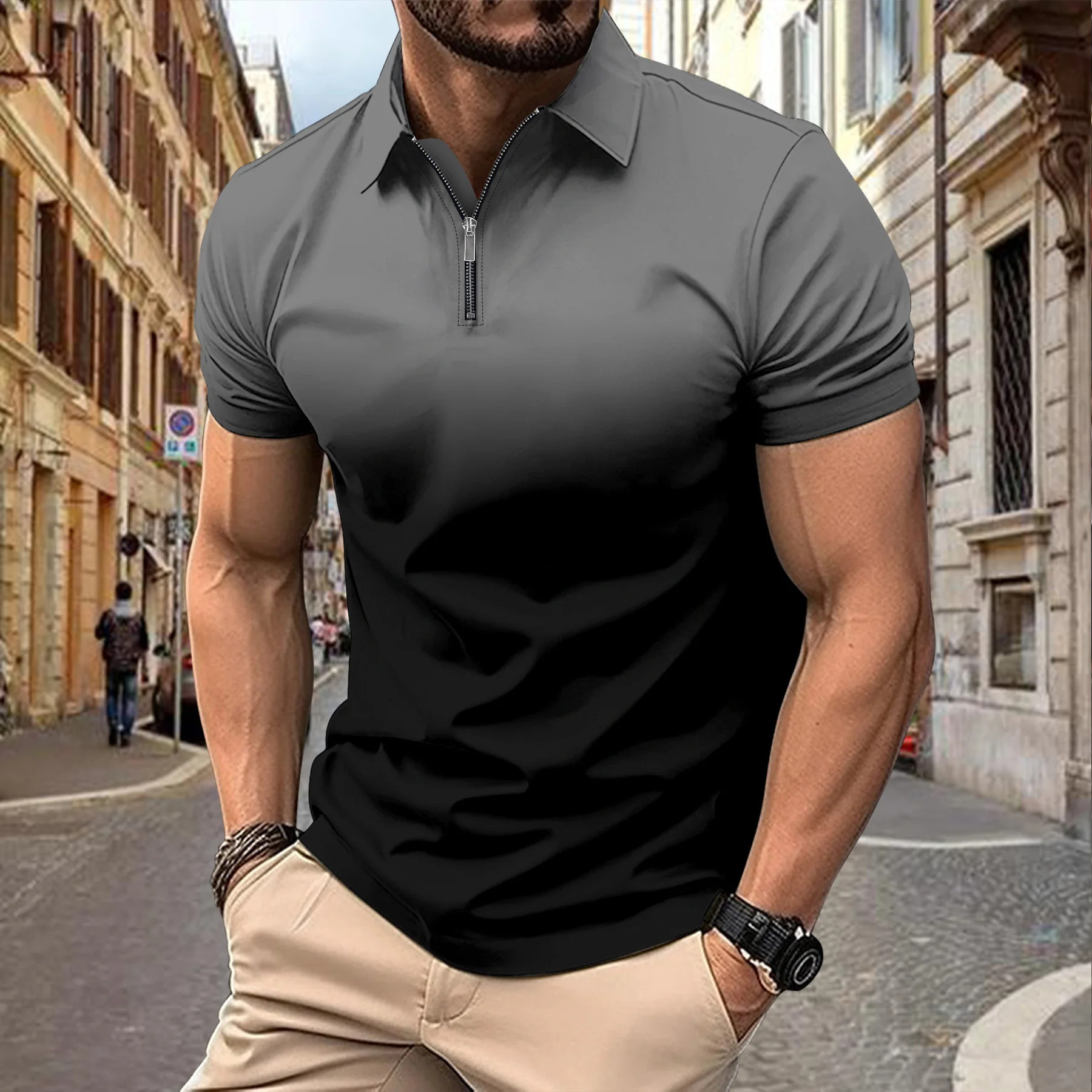 Venta caliente transfronteriza nueva impresión de degradado 3D de verano de gran tamaño casual para hombre suelto código europeo cremallera polo manga corta