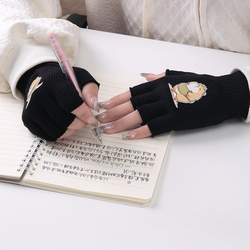 Cartoon Half-Finger Gloves with Heel Straps, Suitable for Men and Women, Autumn and Winter Knitted Woolen Gloves, Finger-Revealing Design, Ideal for Writing, Office Use, and Warming