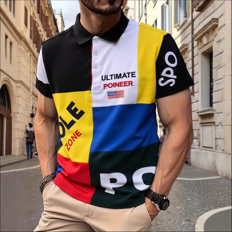 Polo Shirt Short-Sleeve Turn-Down Collar Foreign Trade American Casual Multicolor Patchwork Contrast Color Cotton Embroidery Trendy Fashion Sports