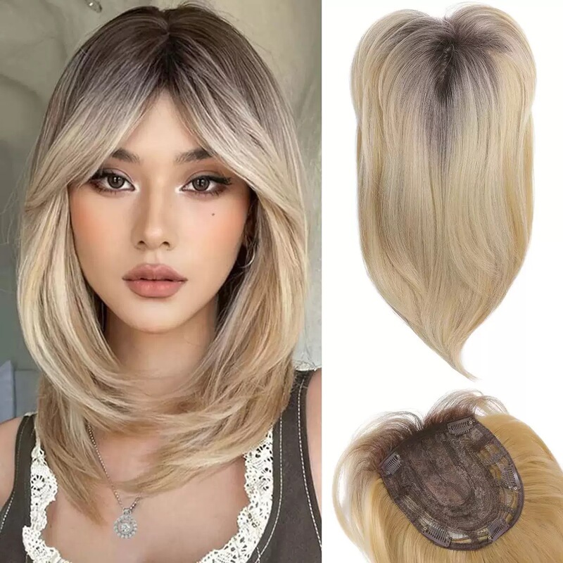 Cross-Border Gradient Color Wig with Layered Bangs for Women to Cover White Hair, Hairpiece to Cover White Hair on Top of the Head