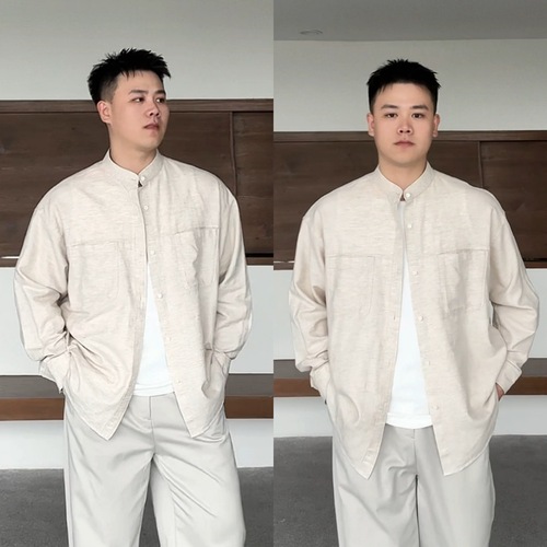 Small Stand Collar Shirt for Men, Loose Casual Solid Color Japanese Style High-End Long-Sleeve Shirt for Men, Outerwear Basic Shirt for Spring and Summer