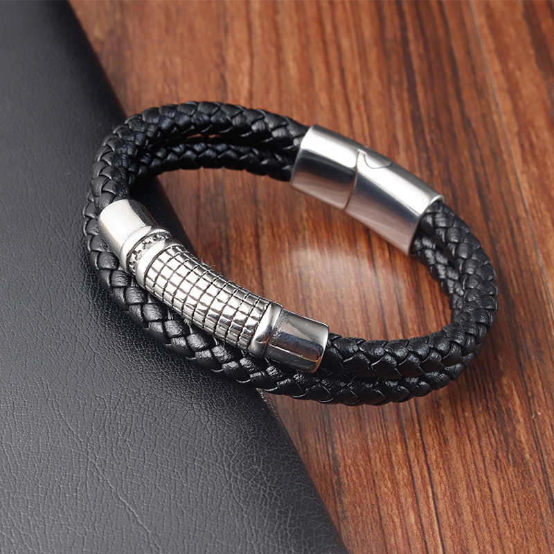 Pu Leather, Titanium Steel Material Geometric Pattern Men's Gender Polishing Design Retro Geometric Pu Leather Titanium Steel Polishing Men's Wristband Men Cord & Leather Bracelets