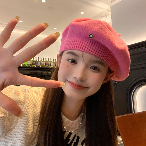 [Zhirou] Red knitted beret hat for women in autumn and winter, large head circumference, face-showing, small versatile painter hat