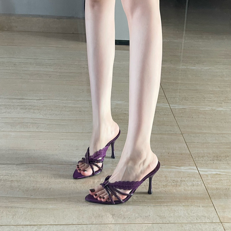 2026 New Style Satin Purple Sexy High-Heeled Women's Shoes Lace Stylish Slip-On Slippers with a French Flair for Outdoor Wear