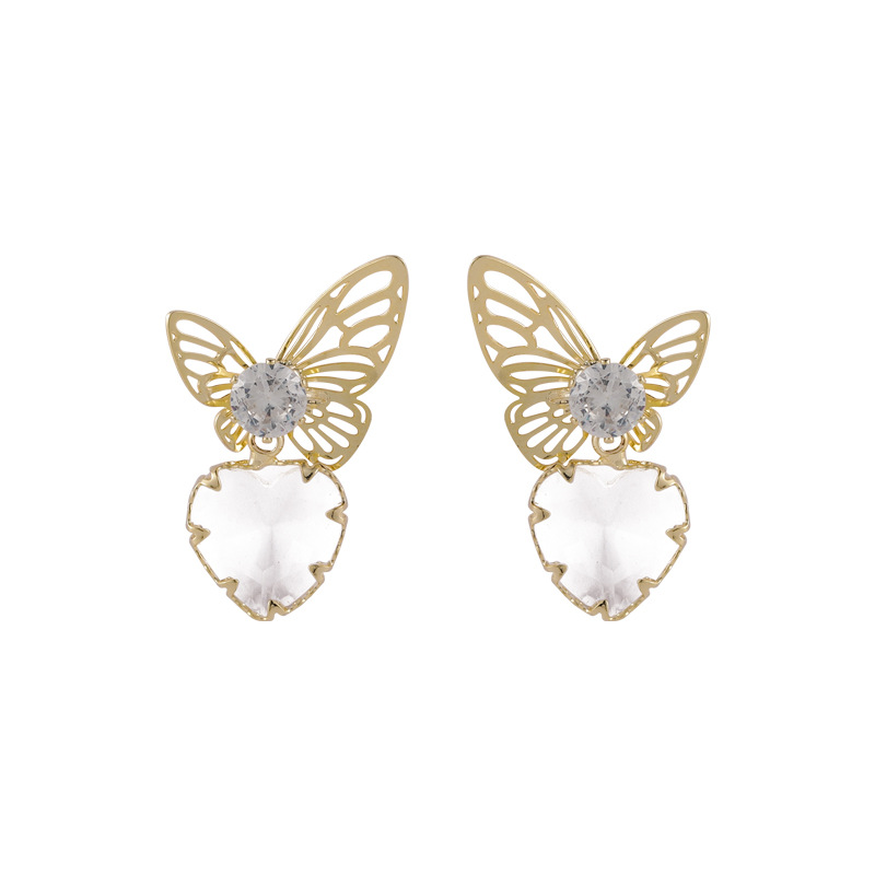 Fashion Heart-shape Hollow Butterfly Micro-inlaid Zircon Copper Earrings Wholesale display picture 7