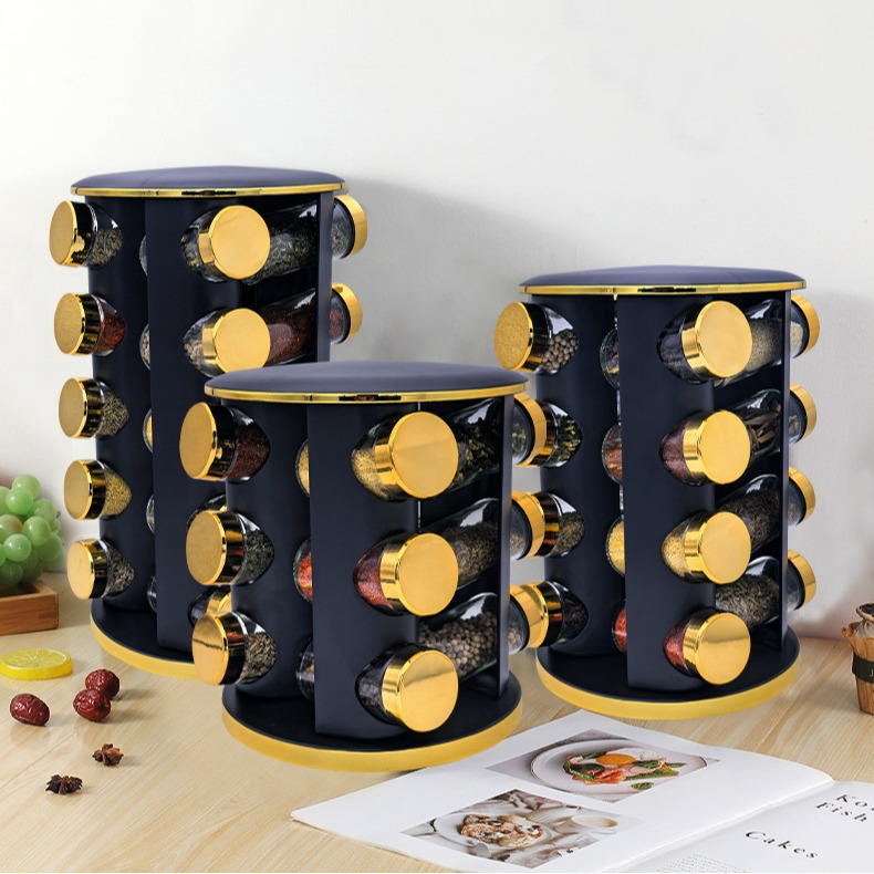Nuevo marco de condimento de cocina transfronterizo de oro nativo multi-estante de almacenamiento giratorio conjunto de estante de condimento de artículos de cocina