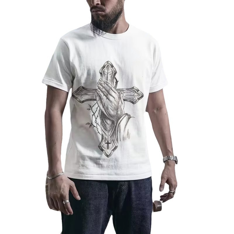 Pascua cruz oración 3D impresión digital casual de los hombres suelta cuello redondo manga corta hombro transpirable camiseta