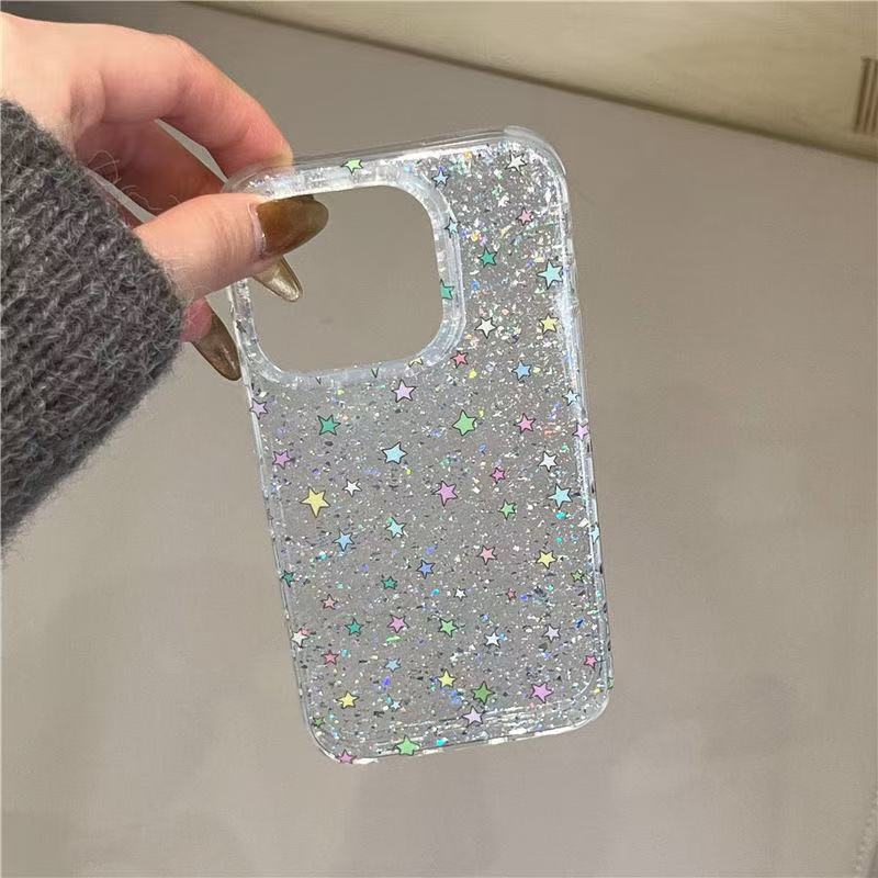 Lámina de plata de doble capa, estrellas de colores finas y destellos para iPhone 16promax funda para teléfono móvil 15 Apple 14 nuevo estilo 13 mujer