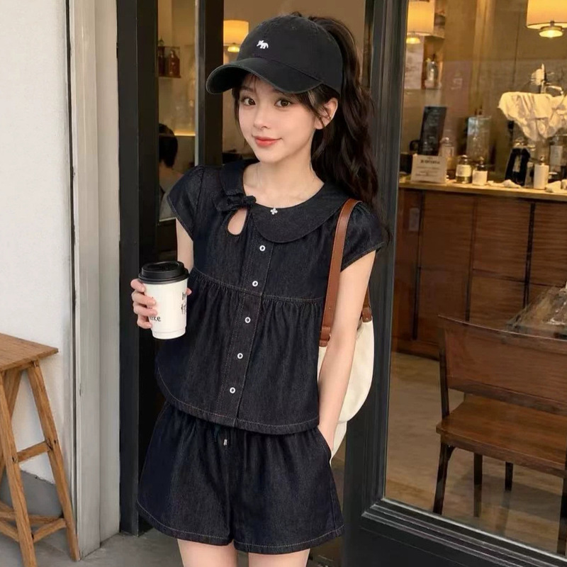 Hr~Ju Jingyi's Same Style Asymmetrical Doll Collar Denim Bow Short-Sleeve Top + Patchwork Double-Waist Denim Shorts