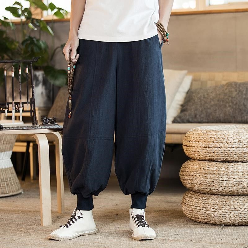 Pantalones de traje Tang, pantalones de monje de algodón y lino de estilo chino para hombre