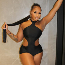 J25RP316跨境欧美风2025女装性感辣妹挂脖露背紧身短裤镂空连体衣