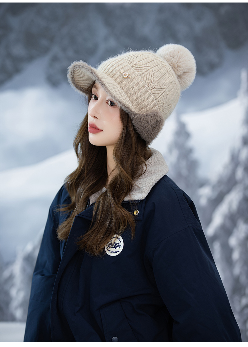 Autunno Inverno Nuovo G Label Bicolore Paraorecchie sfilacciato Esterno Foderato in pile Ispessito Antifreddo Caldo Viso-snellente Lavorato a maglia_voghion.com