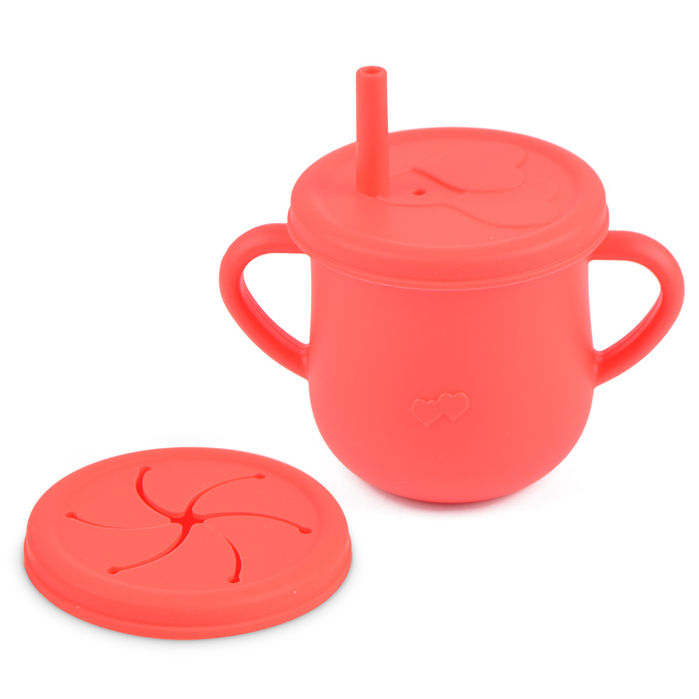 Silicona de grado alimenticio para niños snack Cup mango binaural portátil resistente a la caída con taza de paja de bebé taza de bebida de silicona