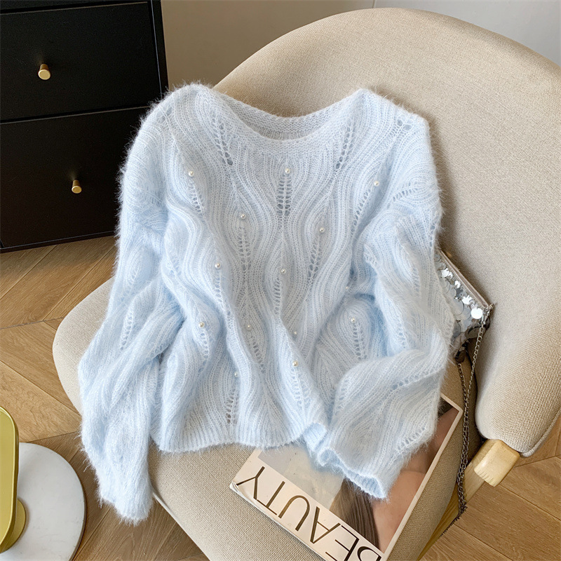 Beautiful Imitation Mohair White Cut Out Beaded Sweater for Women in Autumn and Winter, Lazy Style, Soft and Waxy, Versatile Casual Knitted