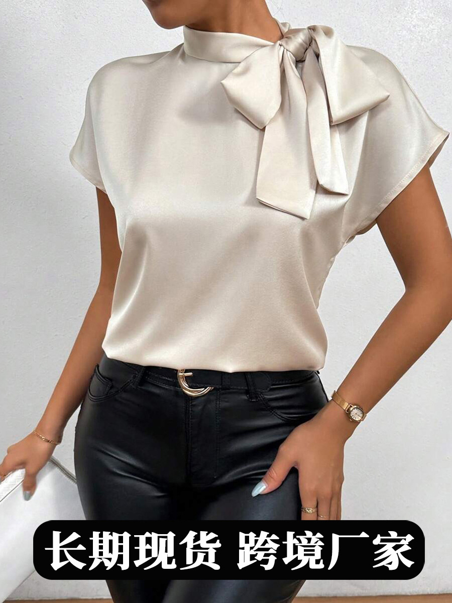 Nueva camisa de satén explosiva europea y americana para mujer 2025 verano Amazon blusa de lazo de manga corta transfronteriza para mujer