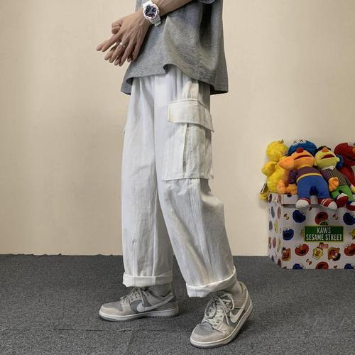 Military Green Work Pants for Men, Trendy Loose Straight Spring and Autumn Casual Pants, Versatile Korean Style Trendy Wide Leg Pants for Men