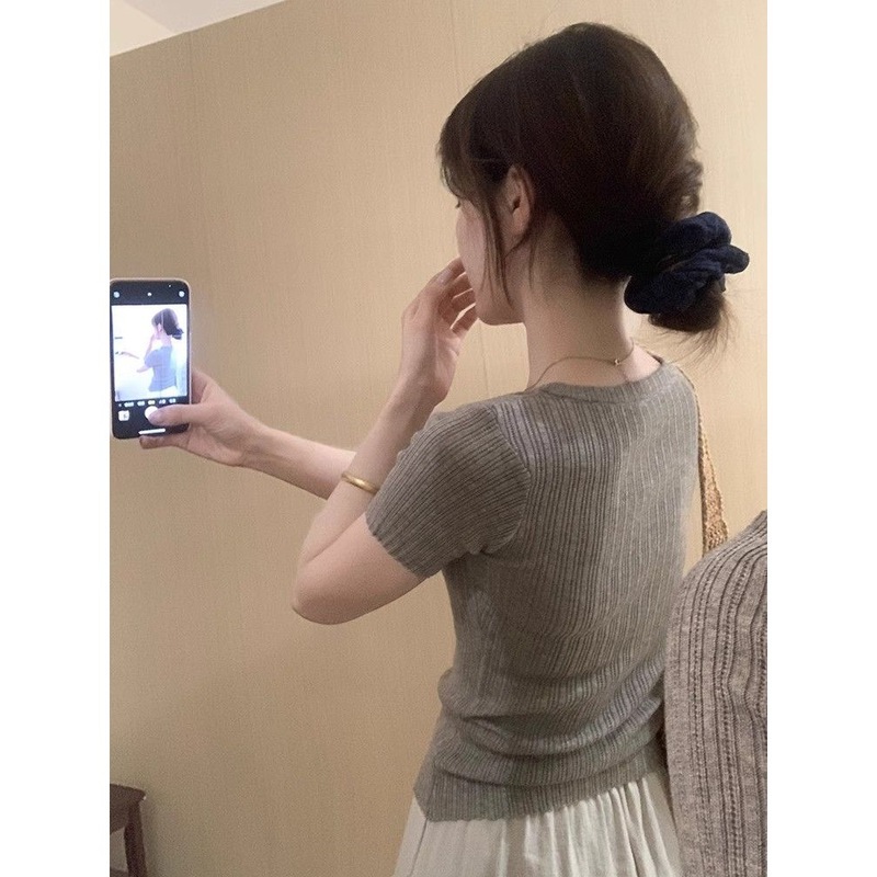 话里基础款螺纹小扣子修身上衣2025春季新款韩版休闲显瘦T恤|undefined