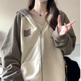2025加绒加厚国潮官印连帽卫衣女拉链插肩袖宽松秋冬季百搭外套