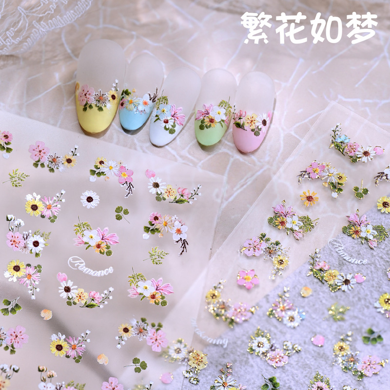 Popular Floral Gold-Stamped Nail Stickers, Fresh Spring Ins-Style 3D Embossed Nail Art Flower Decorations