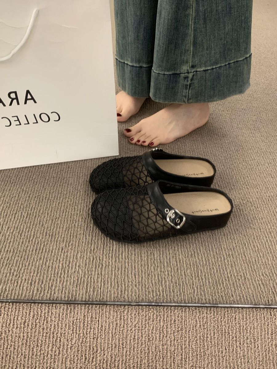 Media pantuflas de malla transpirable hueca de nicho francés, mujer que usa una red de pesca de suela gruesa para el verano, zapatos Birken