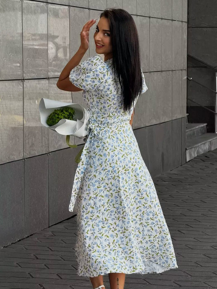Đầm liền cotton in hoa cổ chữ V tay bồng buộc dây lưng cao — Hoa oải hương, Hoa tulip màu hồng, Màu be, Màu hồng chi tiết 113
