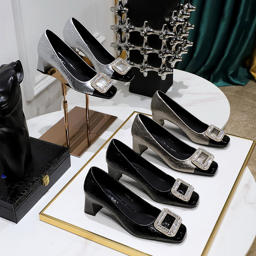 5299-K32 Korean Style Light Luxury Women's Chunky Mid Heel Shallow Mouth Burst Pattern Patchwork Square Toe Metal_vogvips.com
