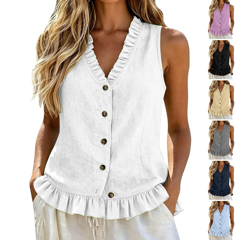 French-style vintage V-neck sleeveless single-breasted top with ruffles, perfect for summer commuting and vacations, offering a relaxed and sophisticated vibe French-style vintage V-neck sleeveless single-breasted top with ruffles, perfect for summer commuting and vacations, offering a relaxed and sophisticated vibe