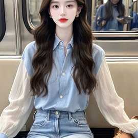 法式翻领拼接蓝色长袖衬衫女计感小众秋冬别致甜辣妹上衣