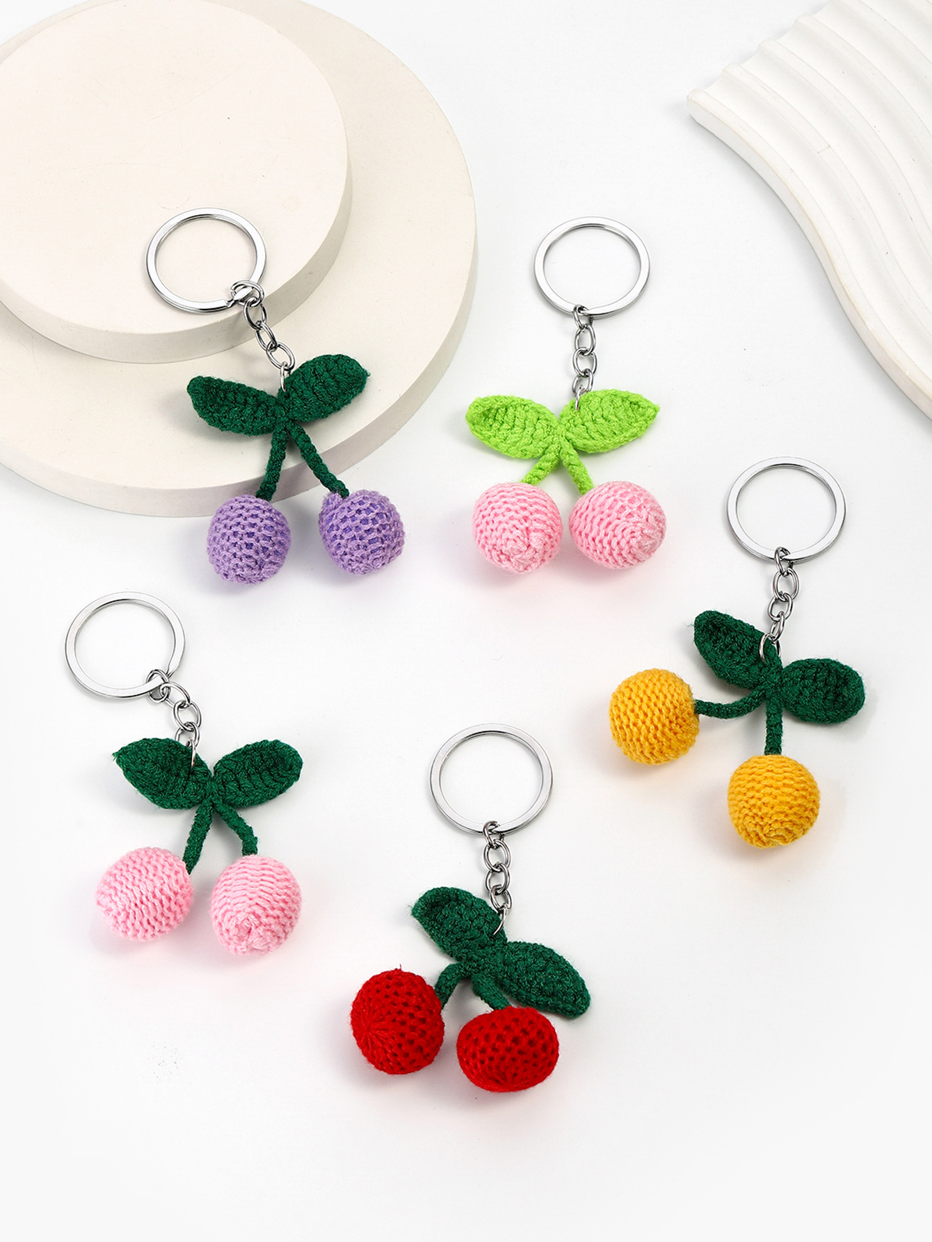 10g Weight Handmade Inlay Material Keychain Classification 1 Piece Quantity Casual, Daily Occasion yarn Material Peach, Cherry, Car Pattern Unisex Gender Cute Style 1 Piece Peach Cherry Car Keychain Yarn Handmade Unisex Cute Keychain 2