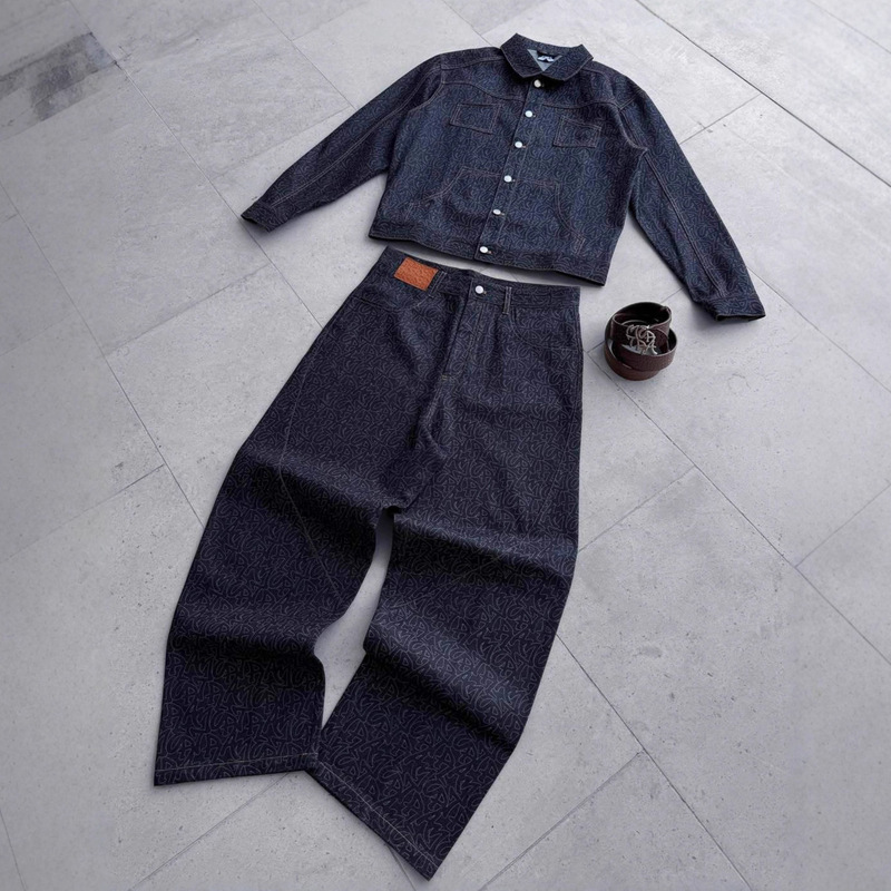 Cross-Border Mertra Denim Jacket Set for Men, New Autumn High-Street Style with Printed Patchwork and Heavy-Duty Denim Pants Set