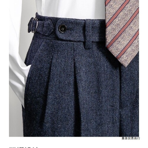 Men's autumn and winter new figure-fitting tweed wool herringbone pants Neapolitan western pants casual straight pants
