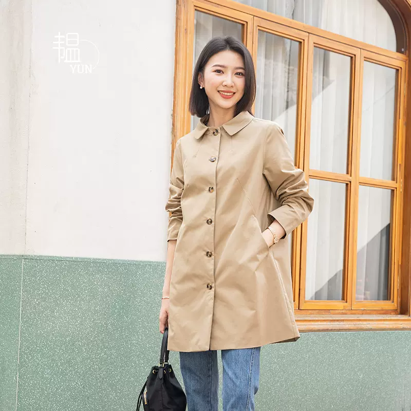 YUN韫春秋外套女2025新款翻领有内衬气质小个子风衣中长款大衣