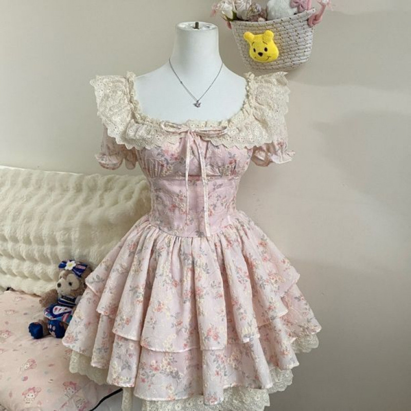 公主风碎花连衣裙女夏季法式甜美可爱泡泡袖裙子花边蛋糕蓬蓬短裙|undefined
