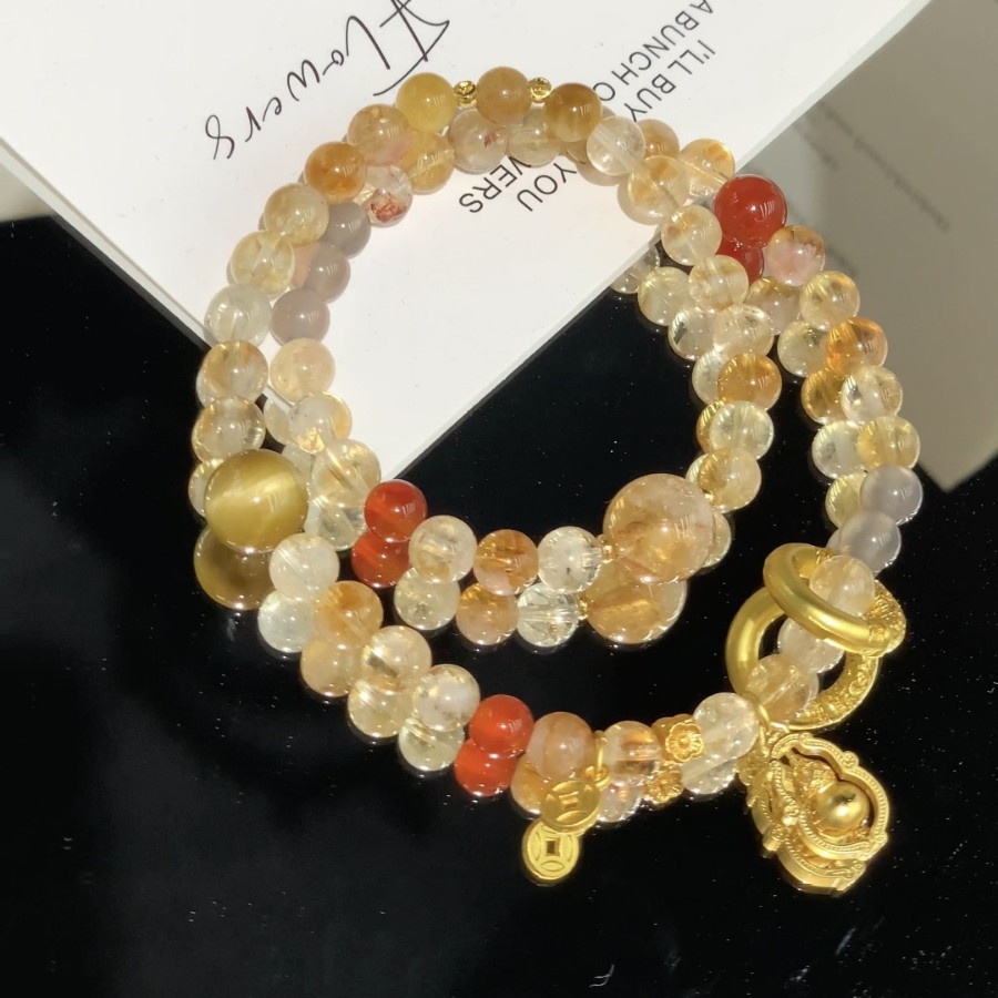 Tiger's Eye Double-Bracelet Natural Yellow Crystal Bracelet with Citrine, New Chinese Style, Inviting Minafu, High-End Feel
