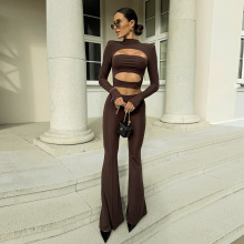 D401ST欧美跨境休闲辣妹半高领长袖露腰露脐纯色低腰微喇长裤套装