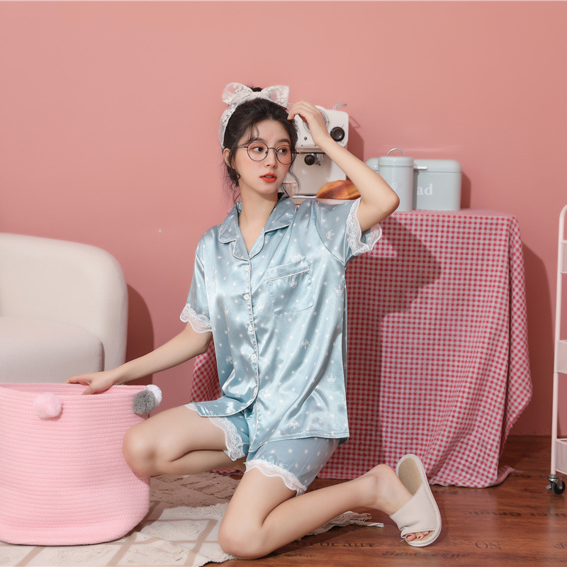 2021 Spring and summer new pattern pajamas shorts Short sleeved lace Add fertilizer Two piece set Home service package