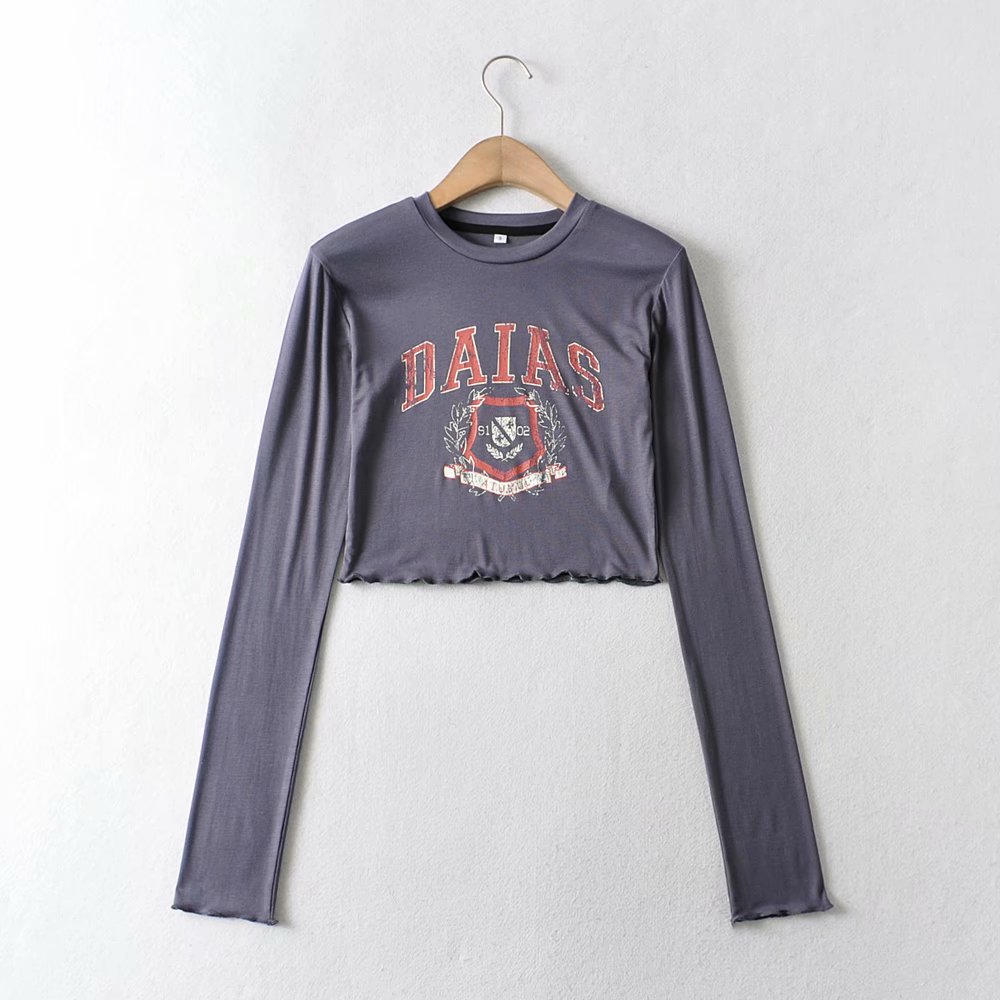 round neck print long-sleeve short T-shirt   NSAM49765