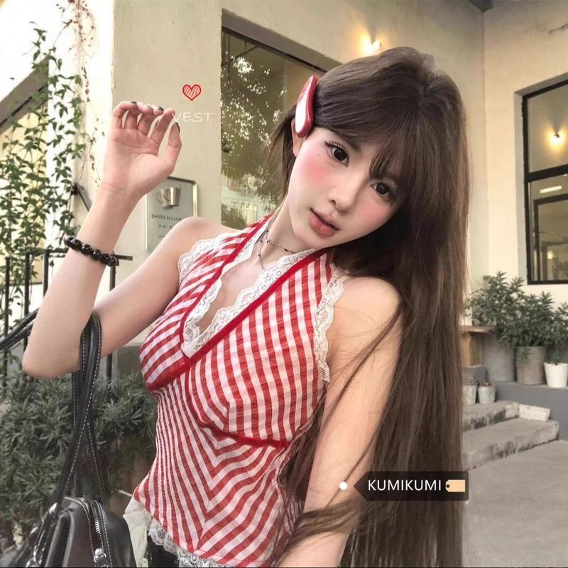 Pure Lust Style Lace Halterneck Vest for Women Summer Sexy V Neck Slim Red Plaid Bottoming Shirt Short Top Pure Lust Style Lace Halterneck Vest for Women Summer Sexy V Neck Slim Red Plaid Bottoming Shirt Short Top