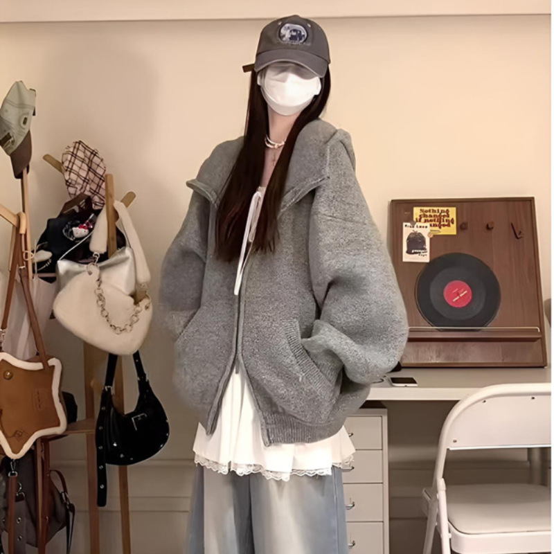 秋冬新款复古针织开衫毛衣外套女宽松连帽百搭慵懒设计上衣春秋款|undefined