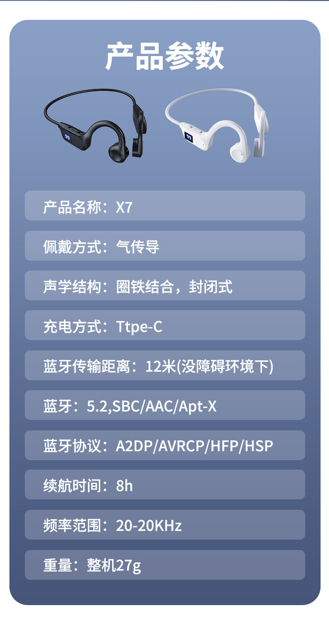 X7 Knochenleitungs-Bluetooth-Kopfhörer mit digitaler Anzeige, Over-Ear, In-Ear-frei, schmerzlos, Noise Cancellation, ultra lange Akkulaufzeit, ausländisches Hot-Produkt, Neuheit