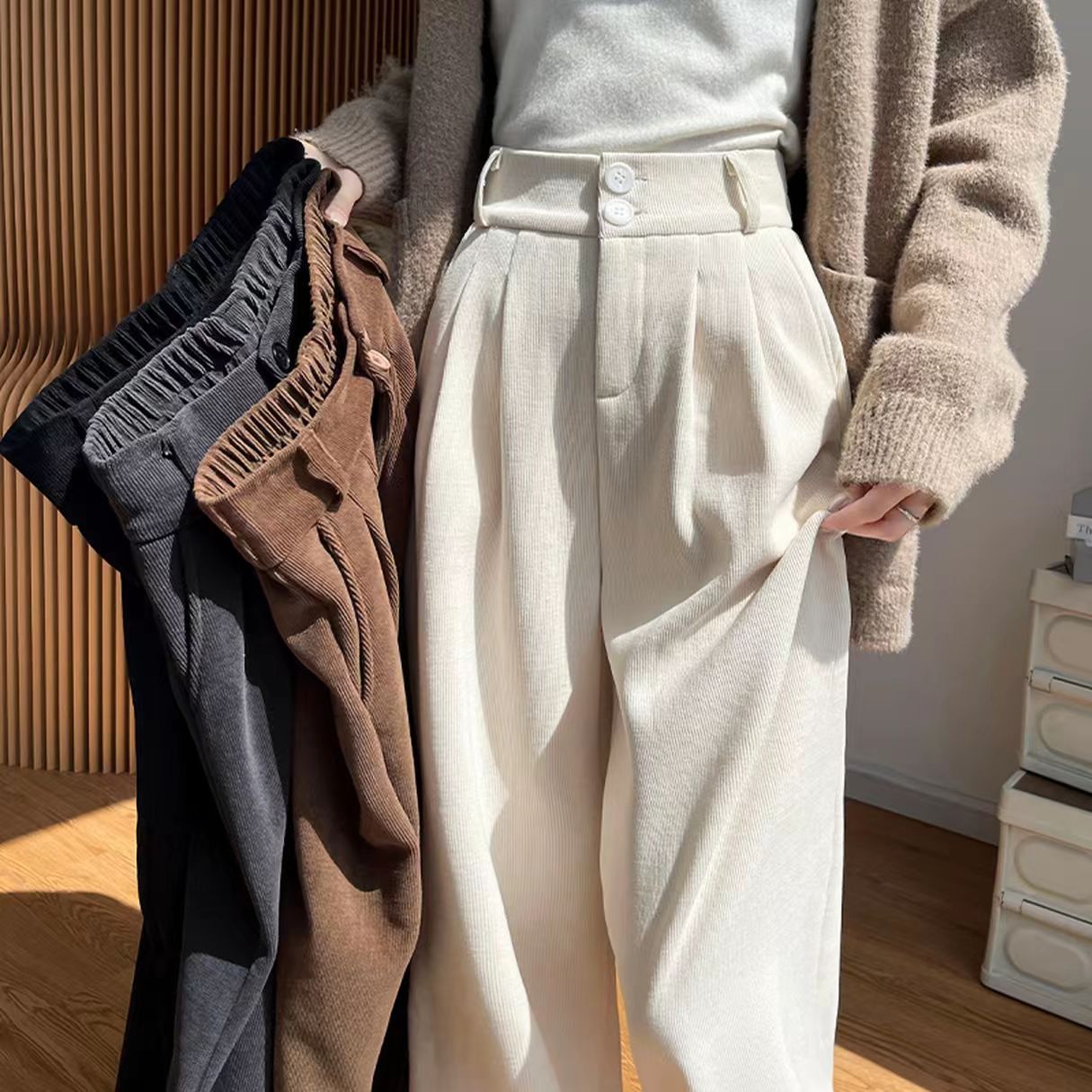 欧棉绒阔腿裤女春秋季高腰垂感直筒显瘦秋冬加绒小个子西装休闲裤