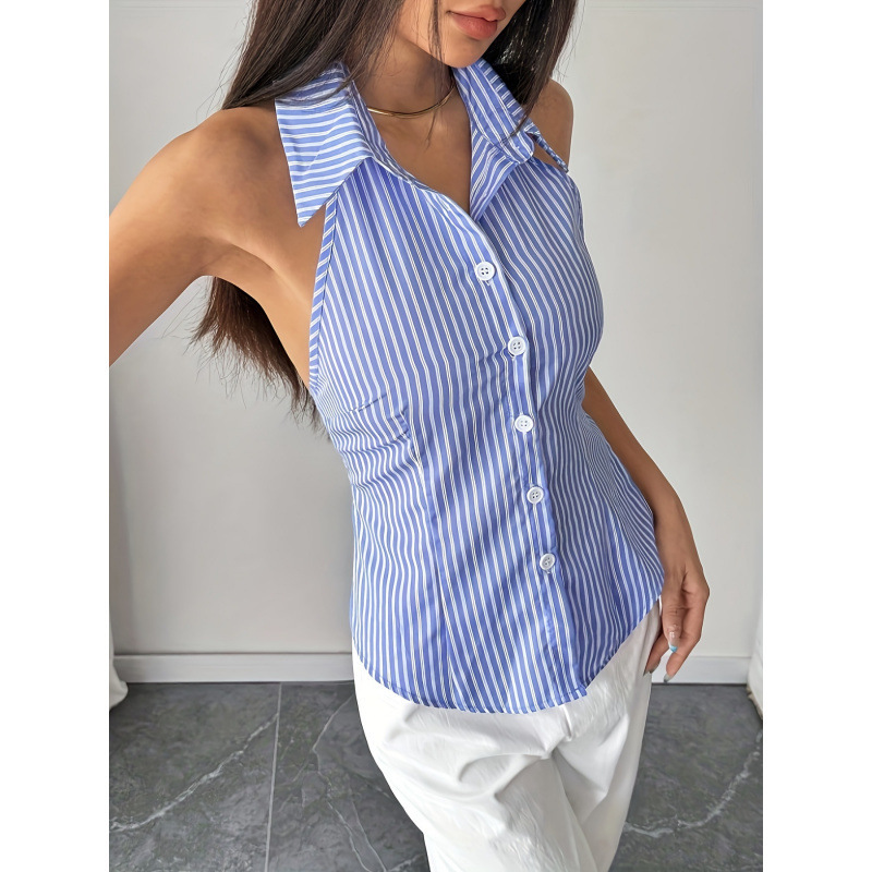 2025 European and American Export Women's Clothing Sweet and Spicy Style Halterneck Stripesd Shirt with Exposed Back and Bow Strap Sleeveless Shirt