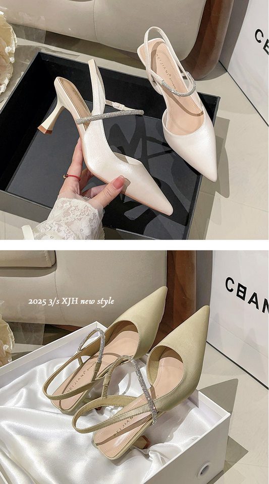 Sandal nữ bít mũi quai ngang đính đá, gót nhọn 6–8 cm — Màu kaki, Màu trắng be, Màu vàng nhạt chi tiết 15