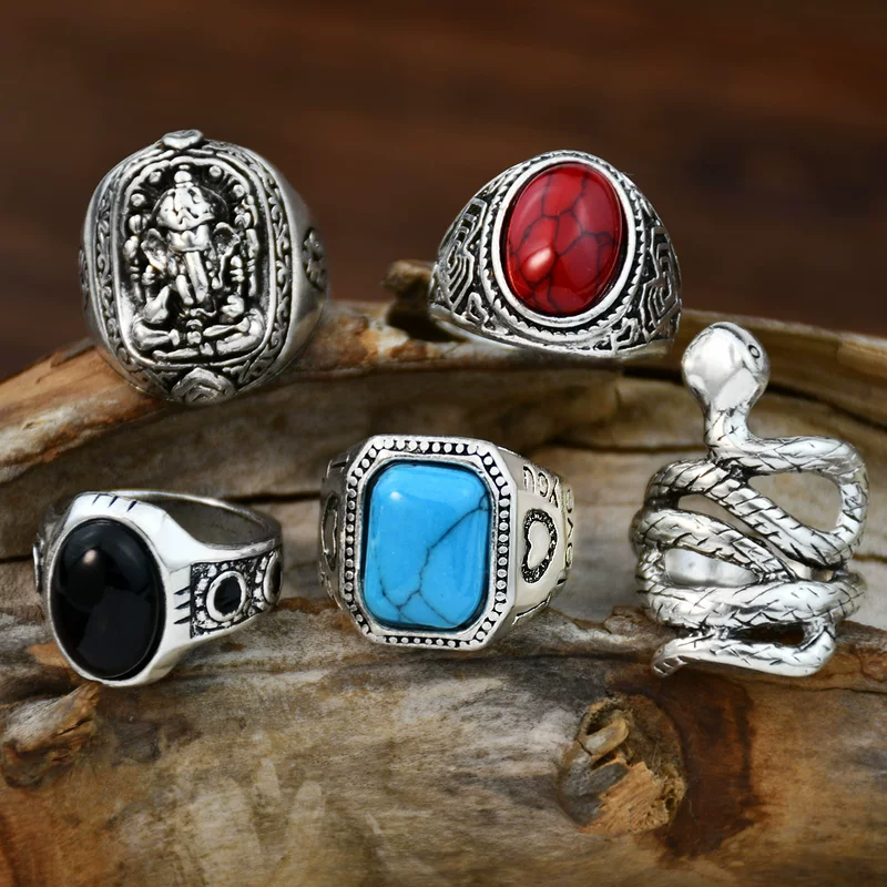 Retro turquoise ring with stone, set, accessory, Amazon, does not fade