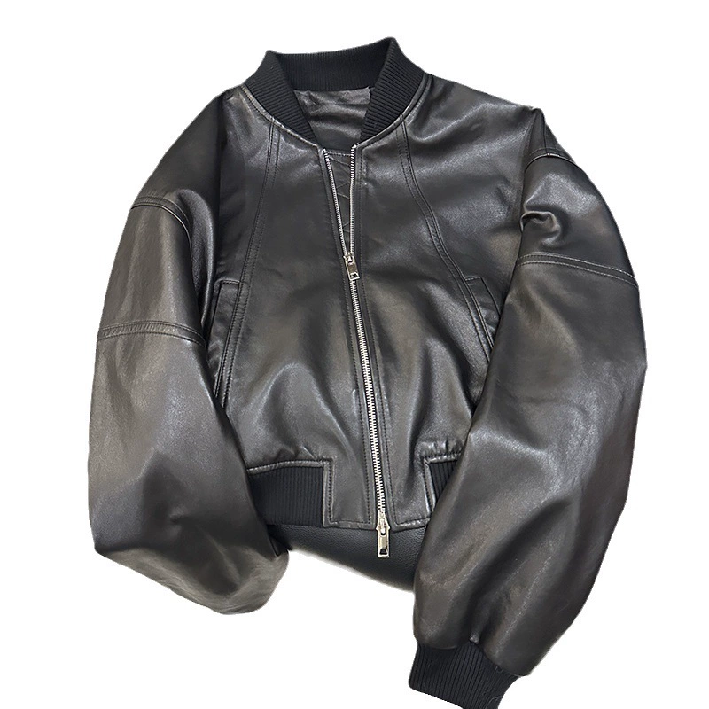 Short retro baseball uniform, jacket, genuine leather, oversize